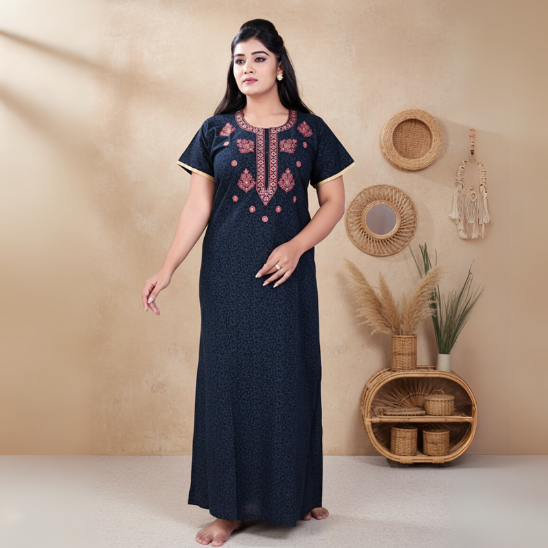 Zairra Women’s Printed Cotton Maxi Nighty – Deep Blue with Traditional Yoke Print