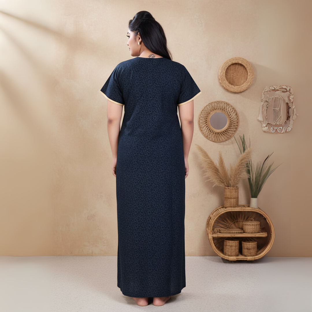 Zairra Women’s Printed Cotton Maxi Nighty – Deep Blue with Traditional Yoke Print