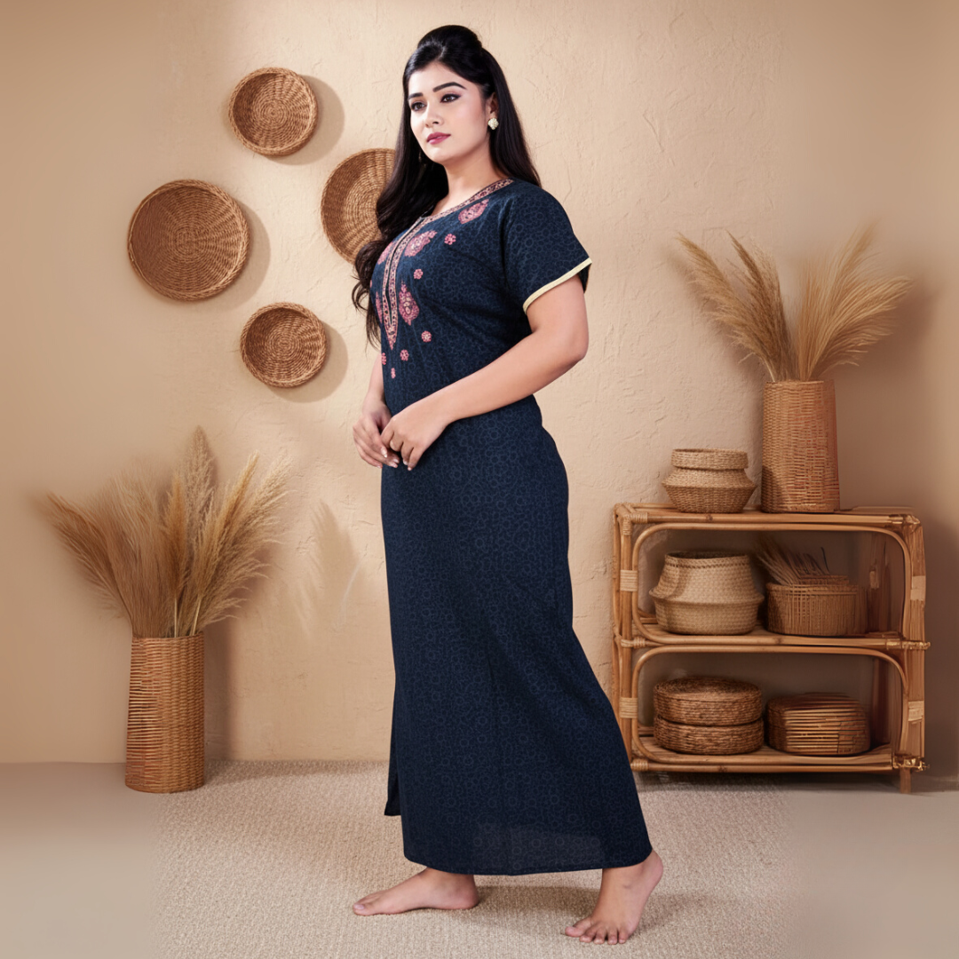 Zairra Women’s Printed Cotton Maxi Nighty – Deep Blue with Traditional Yoke Print
