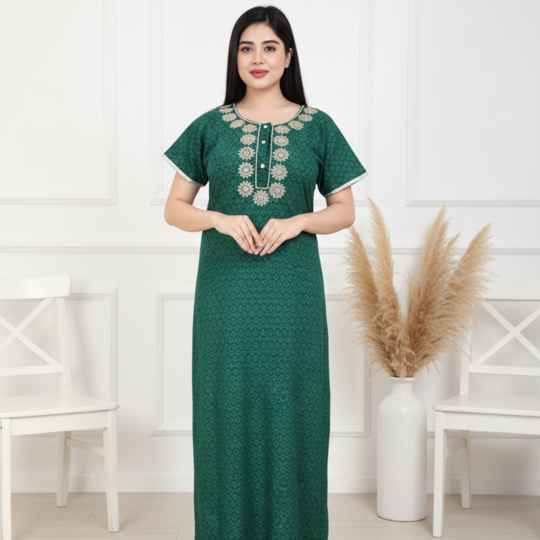 Zairra Women’s Printed Cotton Maxi Nightgown – Green Floral with Front Buttons (Free Size)
